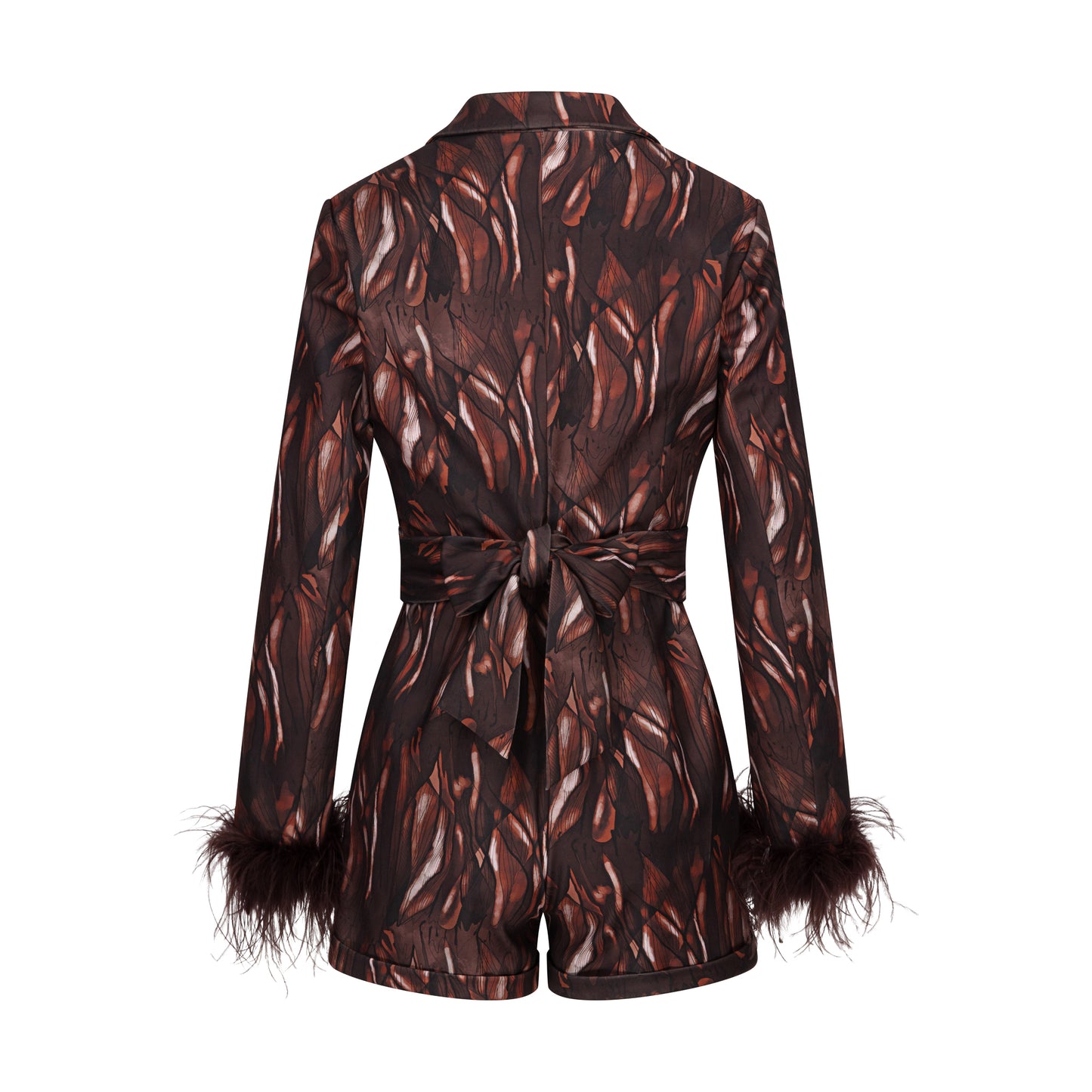 RUNO - Brown Feather Cuff Print Blazer Playsuit